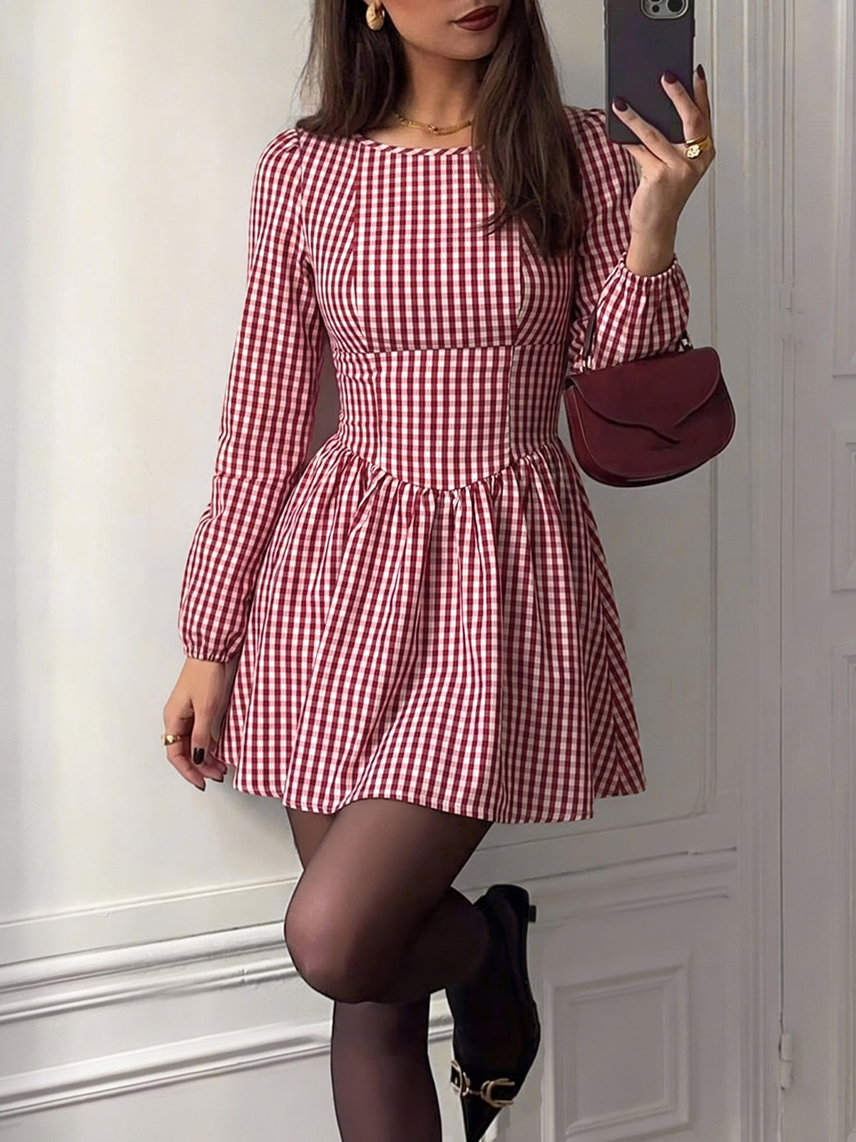 Gingham Puff Sleeve Mini Dress With Bow Back - Red - 3