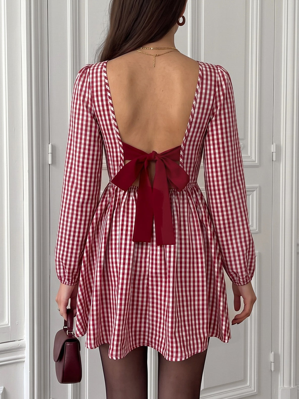 Gingham Puff Sleeve Mini Dress With Bow Back - Red - 4