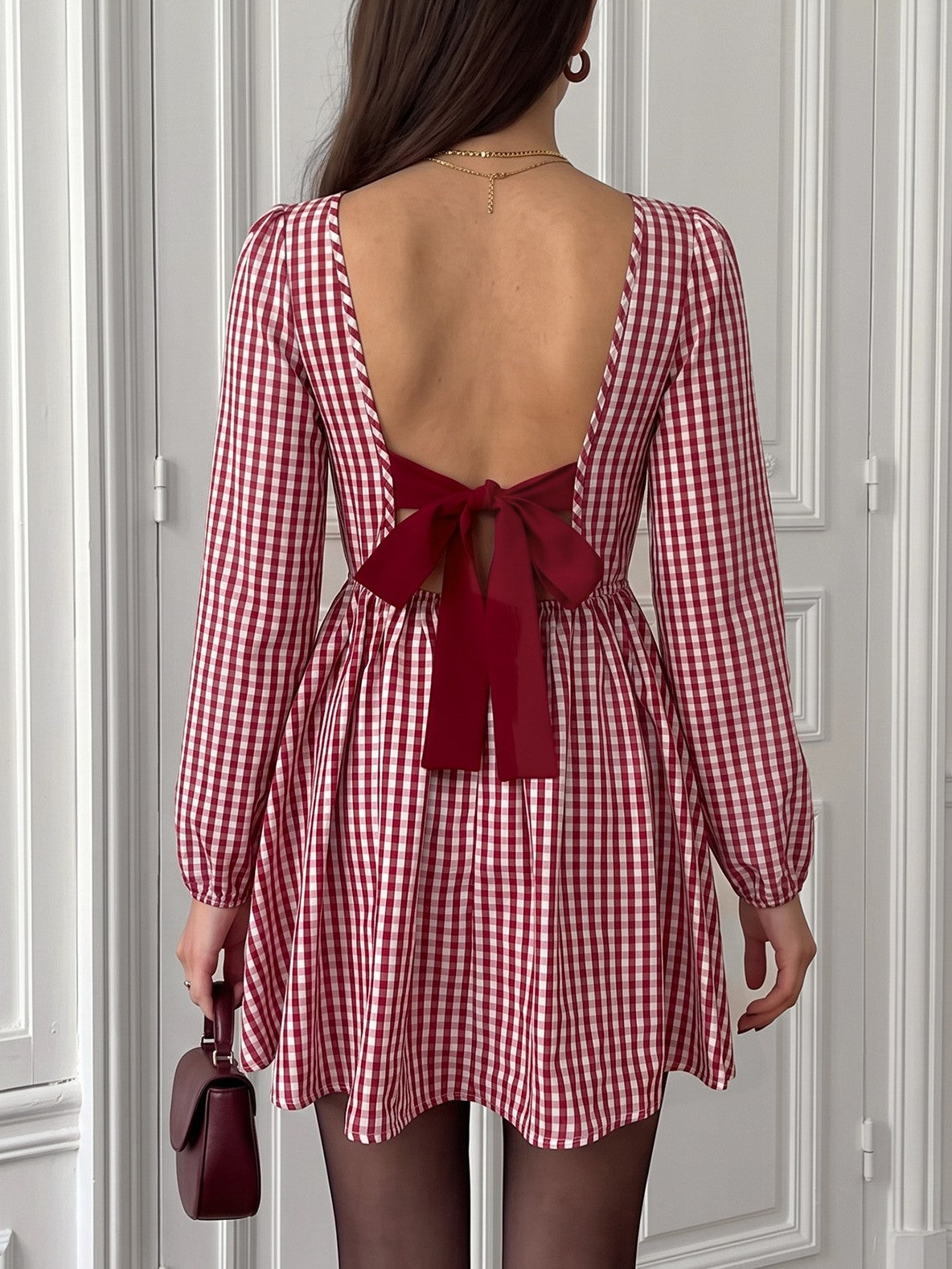 Gingham Puff Sleeve Mini Dress With Bow Back - Red - 4