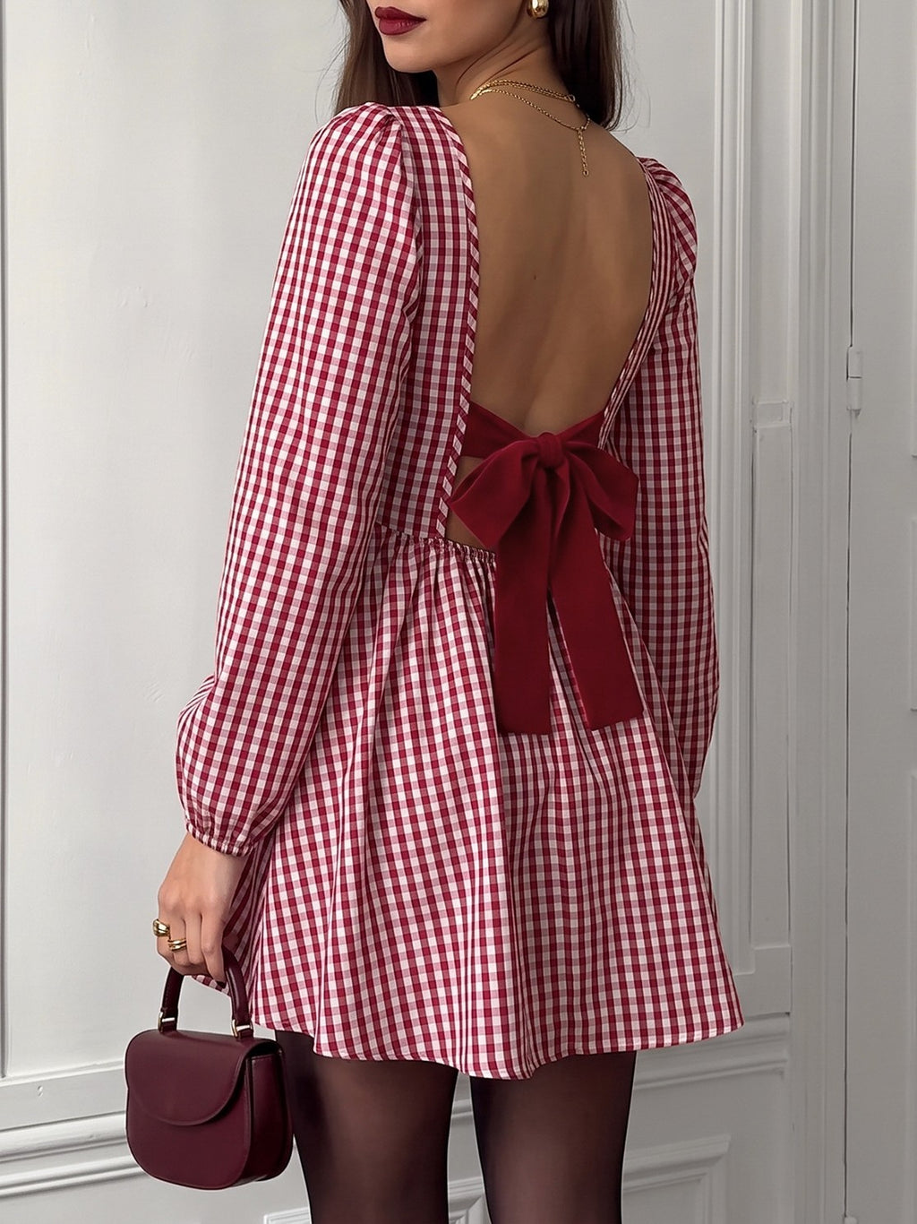 Gingham Puff Sleeve Mini Dress With Bow Back - Red - 6