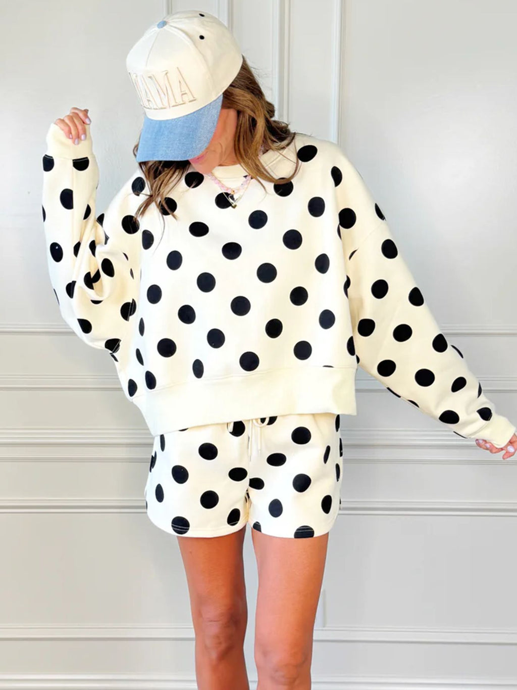 Polka Dot Sweatshirt And Shorts Lounge Set - Apricot - 1