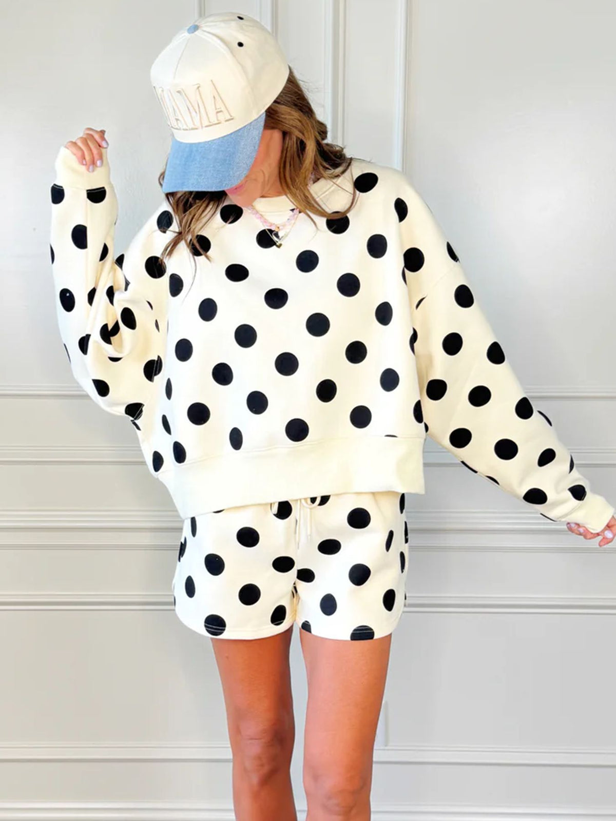 Polka Dot Sweatshirt And Shorts Lounge Set - Apricot - 1