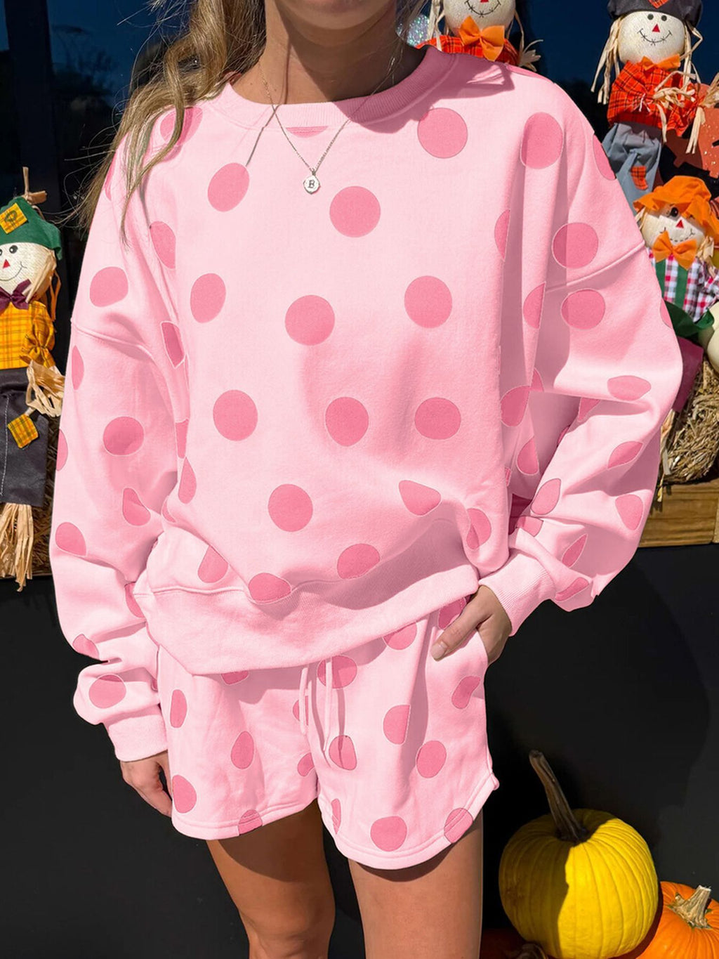 Polka Dot Sweatshirt And Shorts Lounge Set - Pink