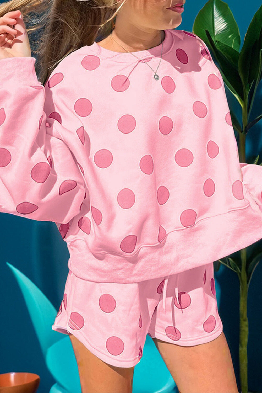 Polka Dot Sweatshirt And Shorts Lounge Set - Pink - 1