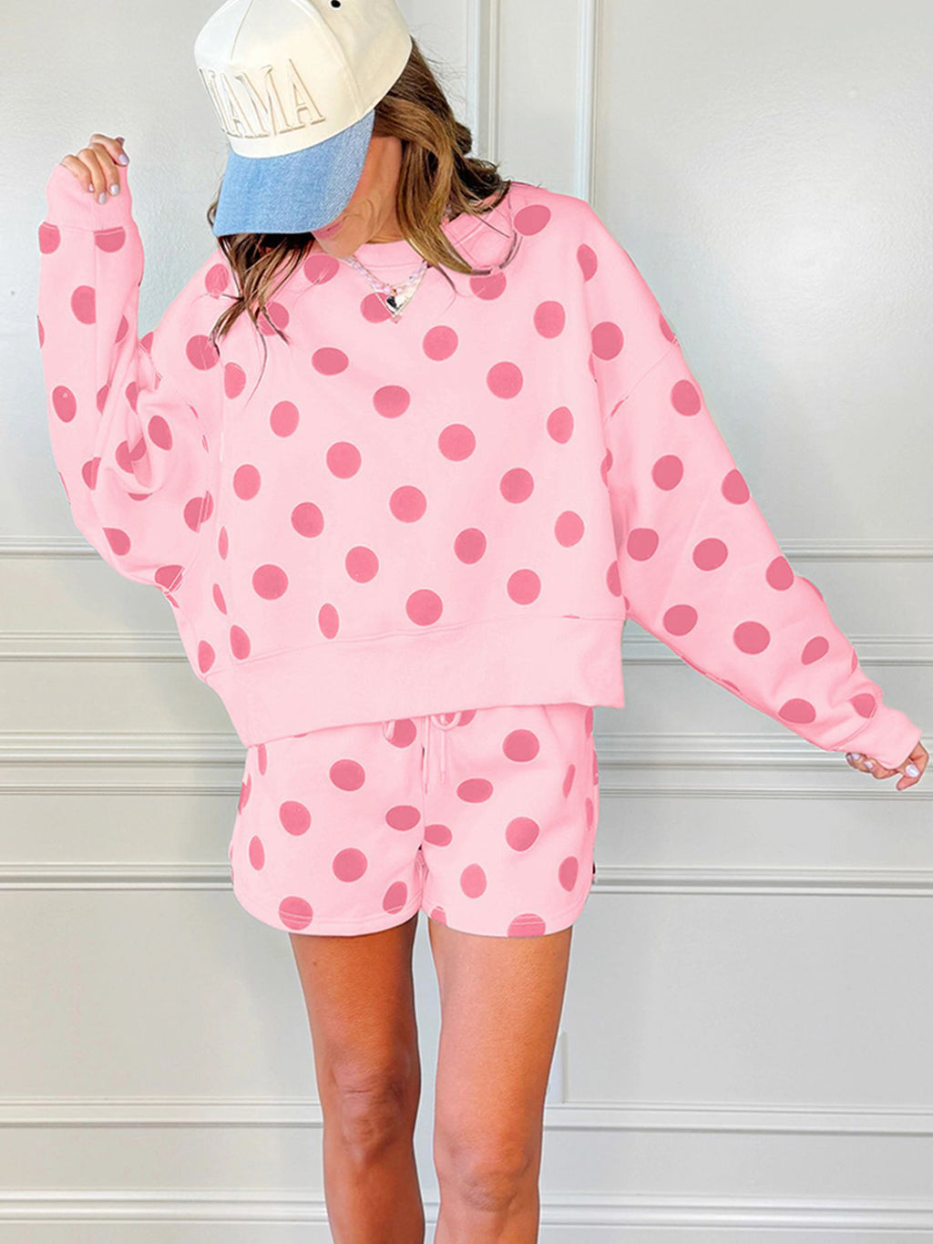 Polka Dot Sweatshirt And Shorts Lounge Set - Pink - 2
