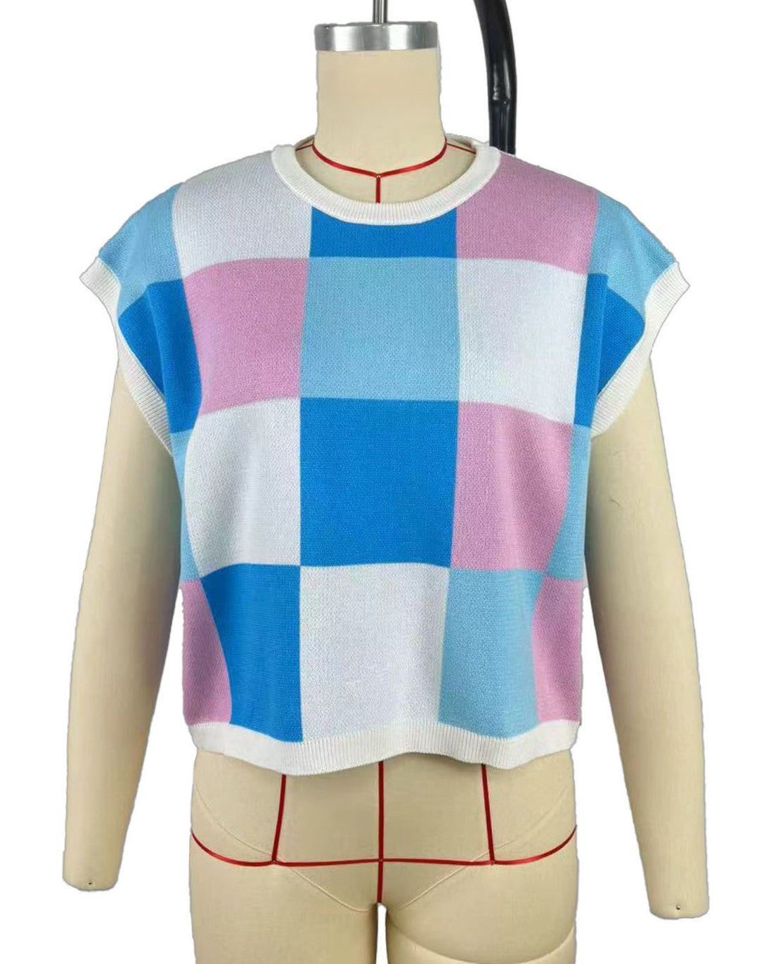 Checkerboard Patchwork Cap Sleeve Knit Top - LakeBlue