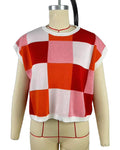 Checkerboard Patchwork Cap Sleeve Knit Top - Red