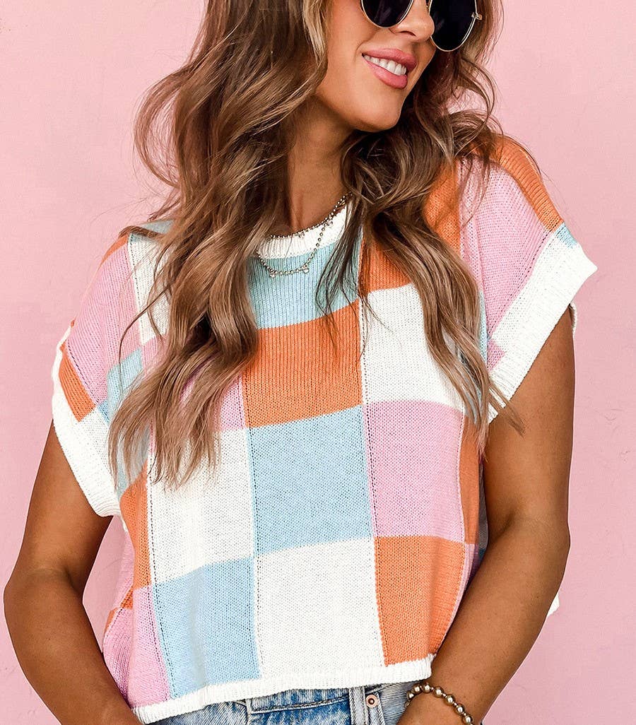 Checkerboard Patchwork Cap Sleeve Knit Top