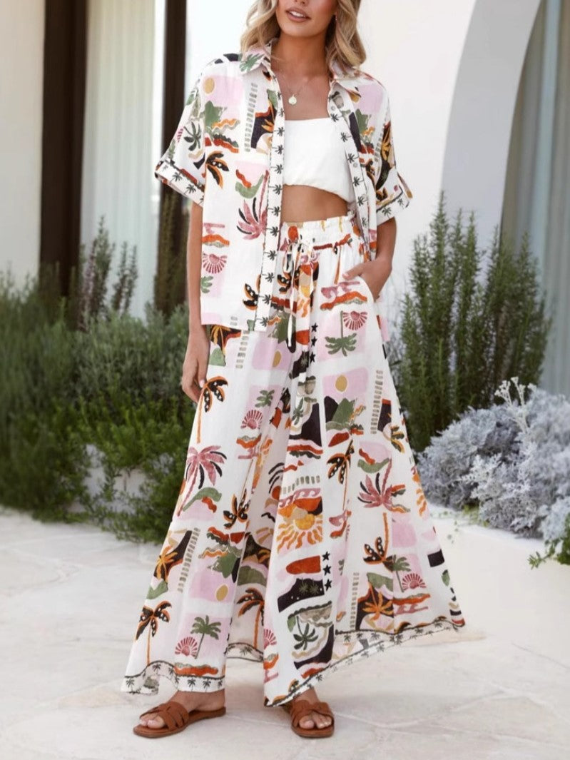 Tropical Print Shirt and Wide Leg Pants Set - Printed