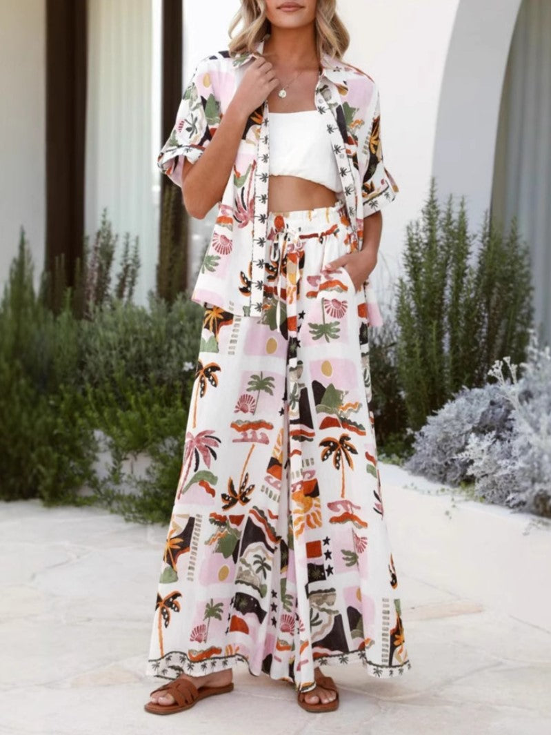 Tropical Print Shirt and Wide Leg Pants Set - Printed - 1