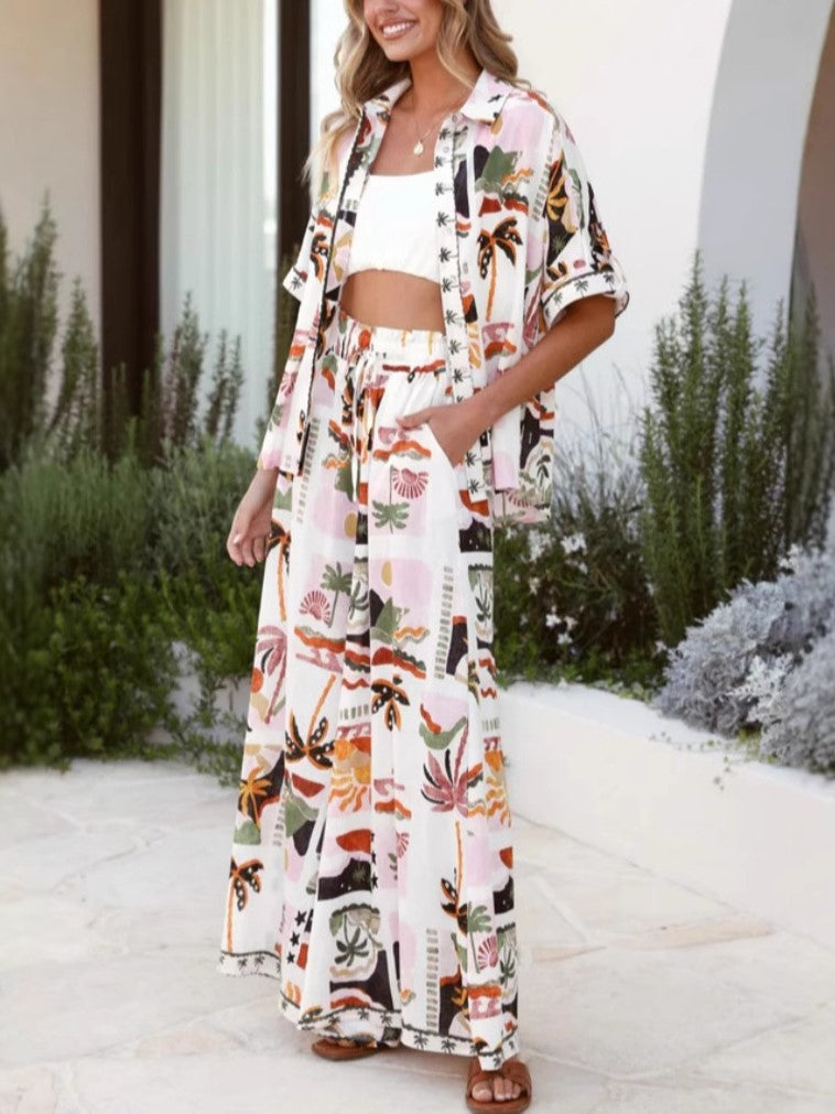 Tropical Print Shirt and Wide Leg Pants Set - Printed - 2