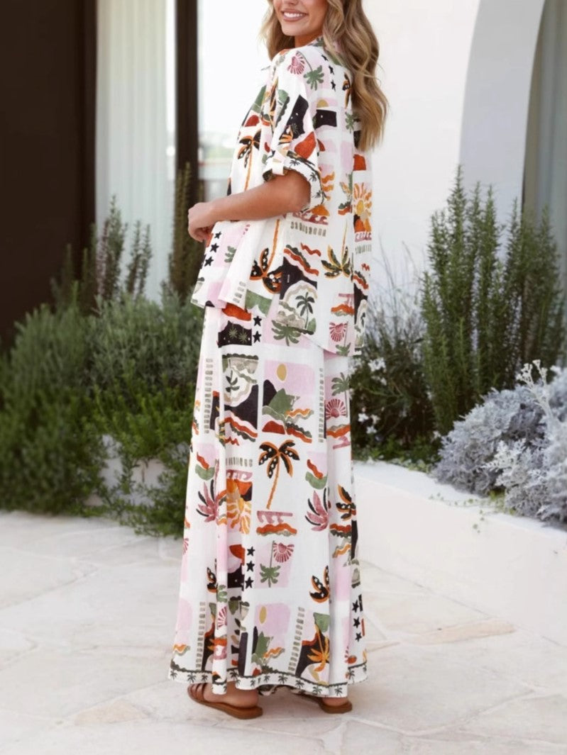 Tropical Print Shirt and Wide Leg Pants Set - Printed - 3