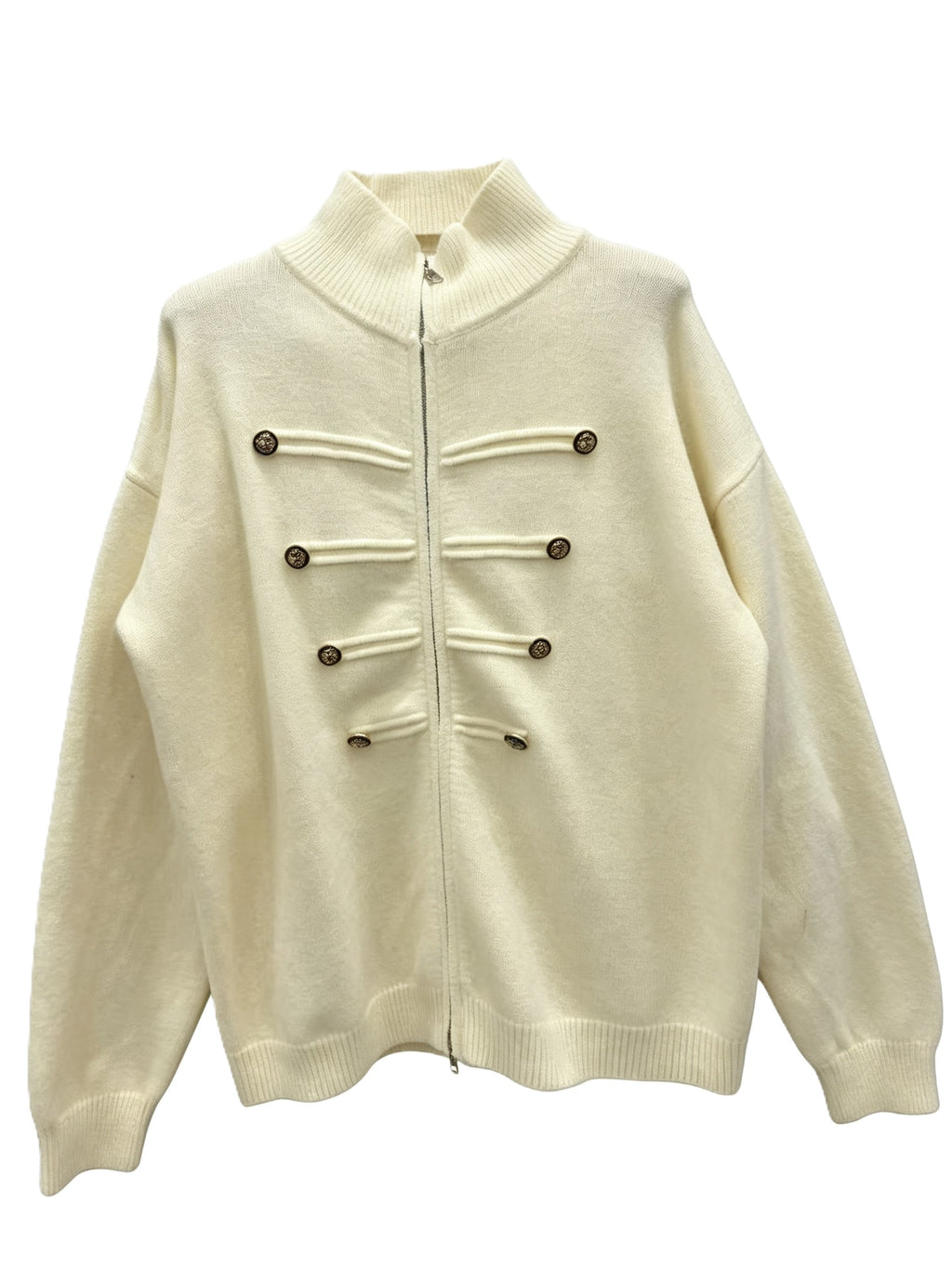 Military Braid Zip Front Knit Cardigan - Beige