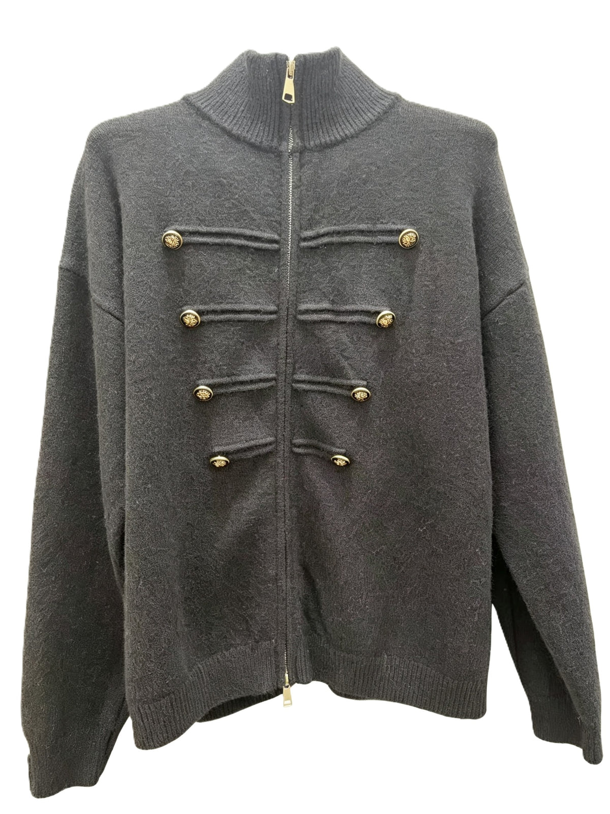Military Braid Zip Front Knit Cardigan - Black