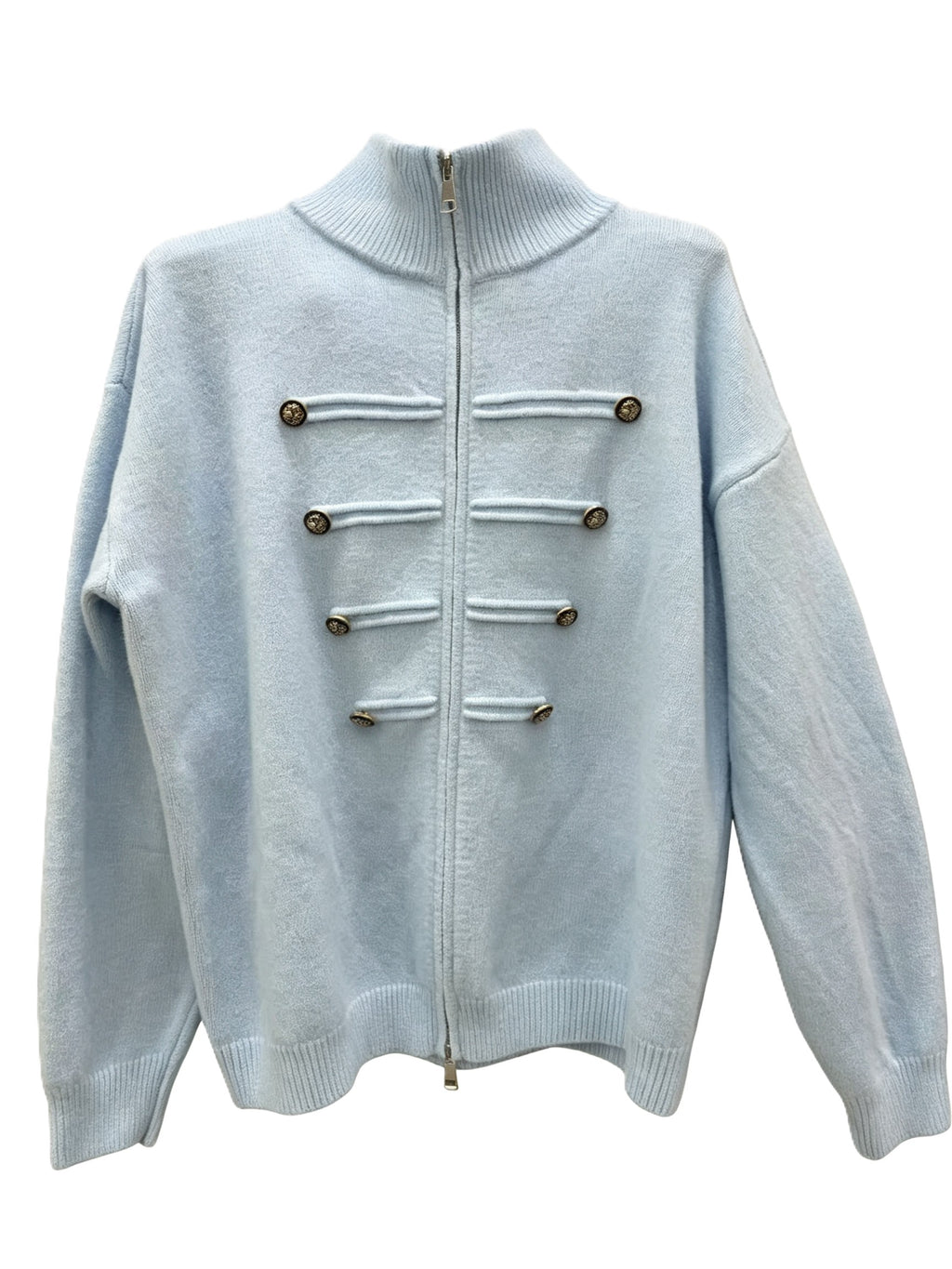 Military Braid Zip Front Knit Cardigan - Blue
