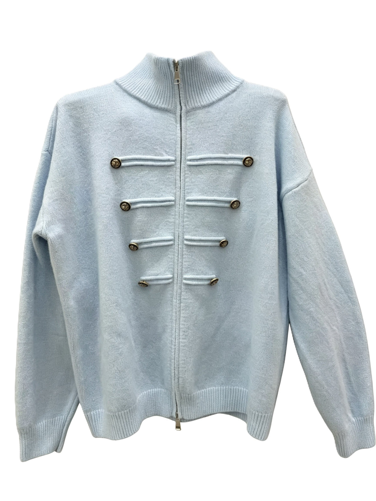 Military Braid Zip Front Knit Cardigan - Blue