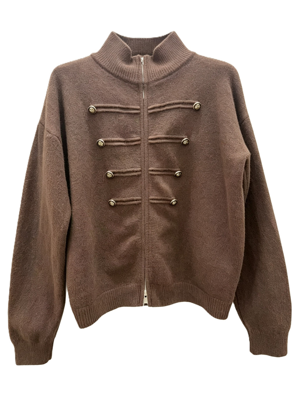 Military Braid Zip Front Knit Cardigan - Coffee