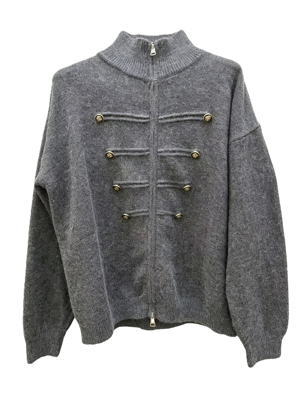 Military Braid Zip Front Knit Cardigan - DarkGrey