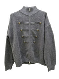 Military Braid Zip Front Knit Cardigan - DarkGrey