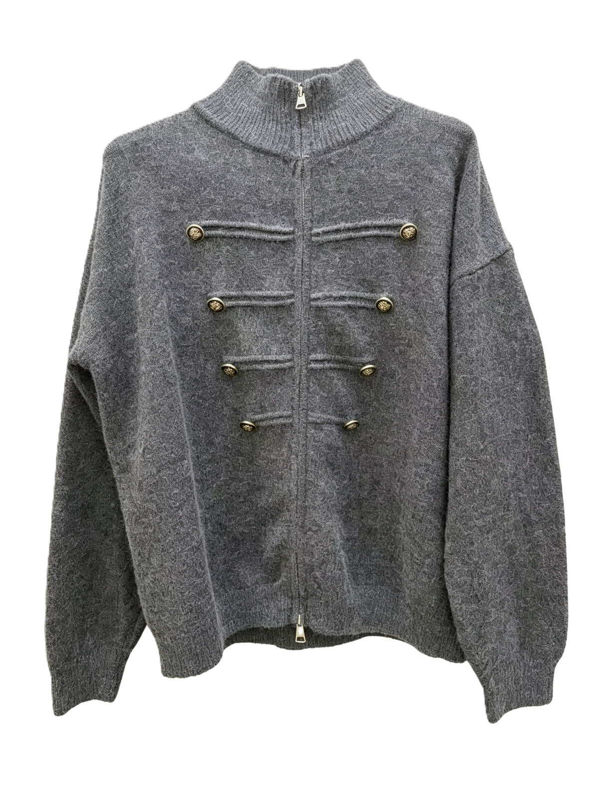 Military Braid Zip Front Knit Cardigan - DarkGrey