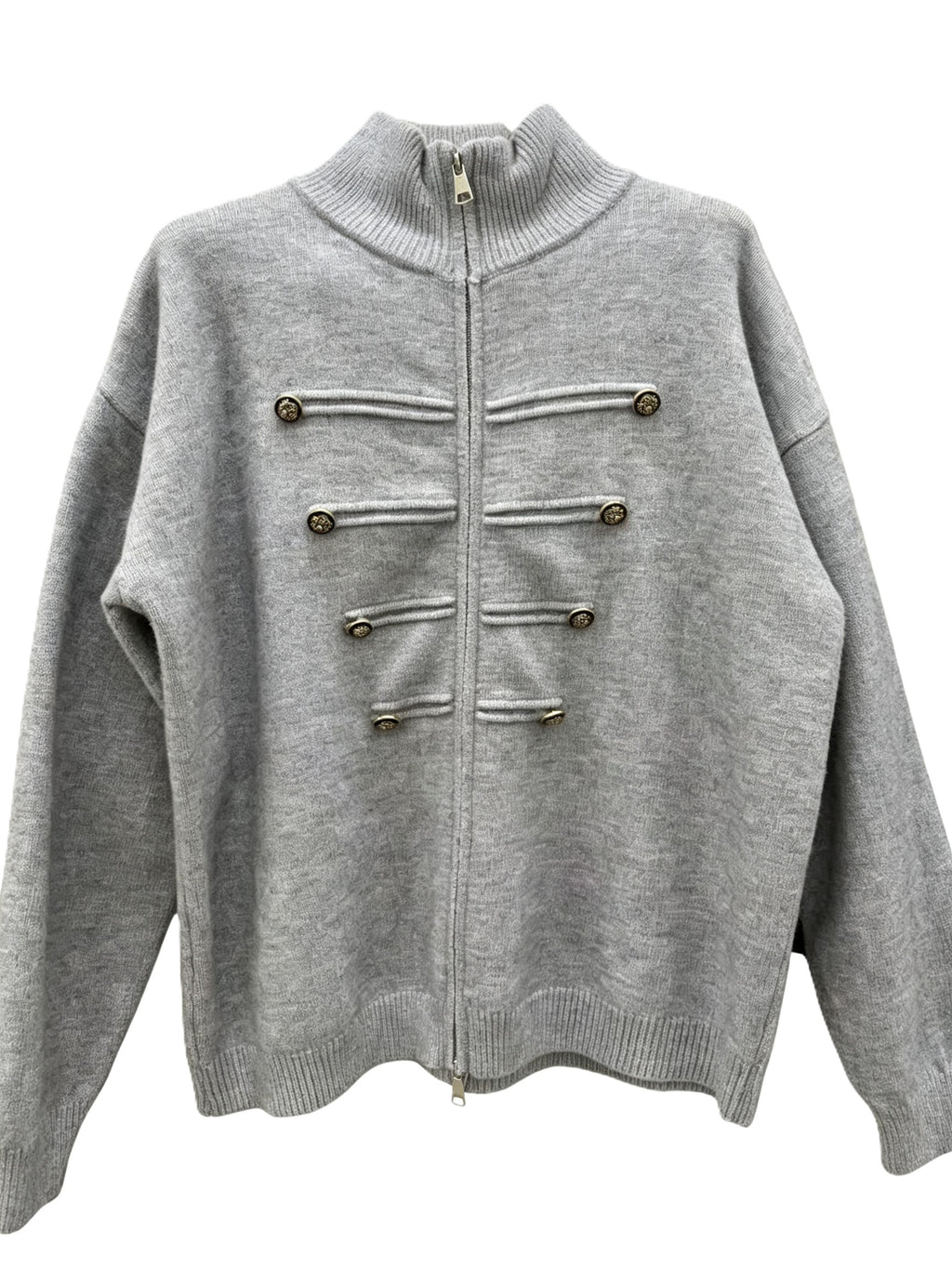 Military Braid Zip Front Knit Cardigan - Grey