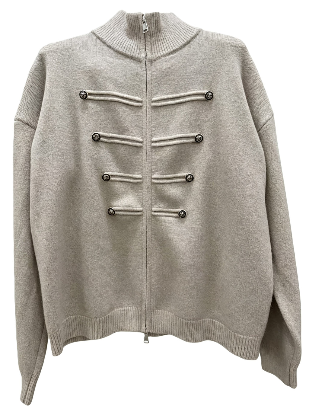 Military Braid Zip Front Knit Cardigan - Khaki