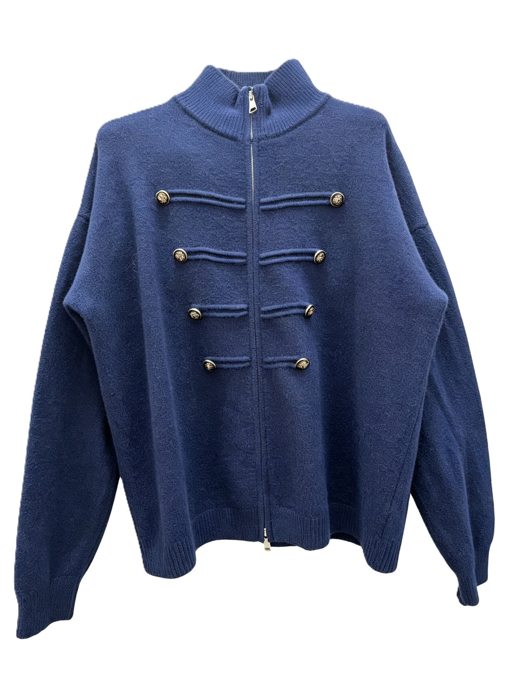 Military Braid Zip Front Knit Cardigan - Navyblue