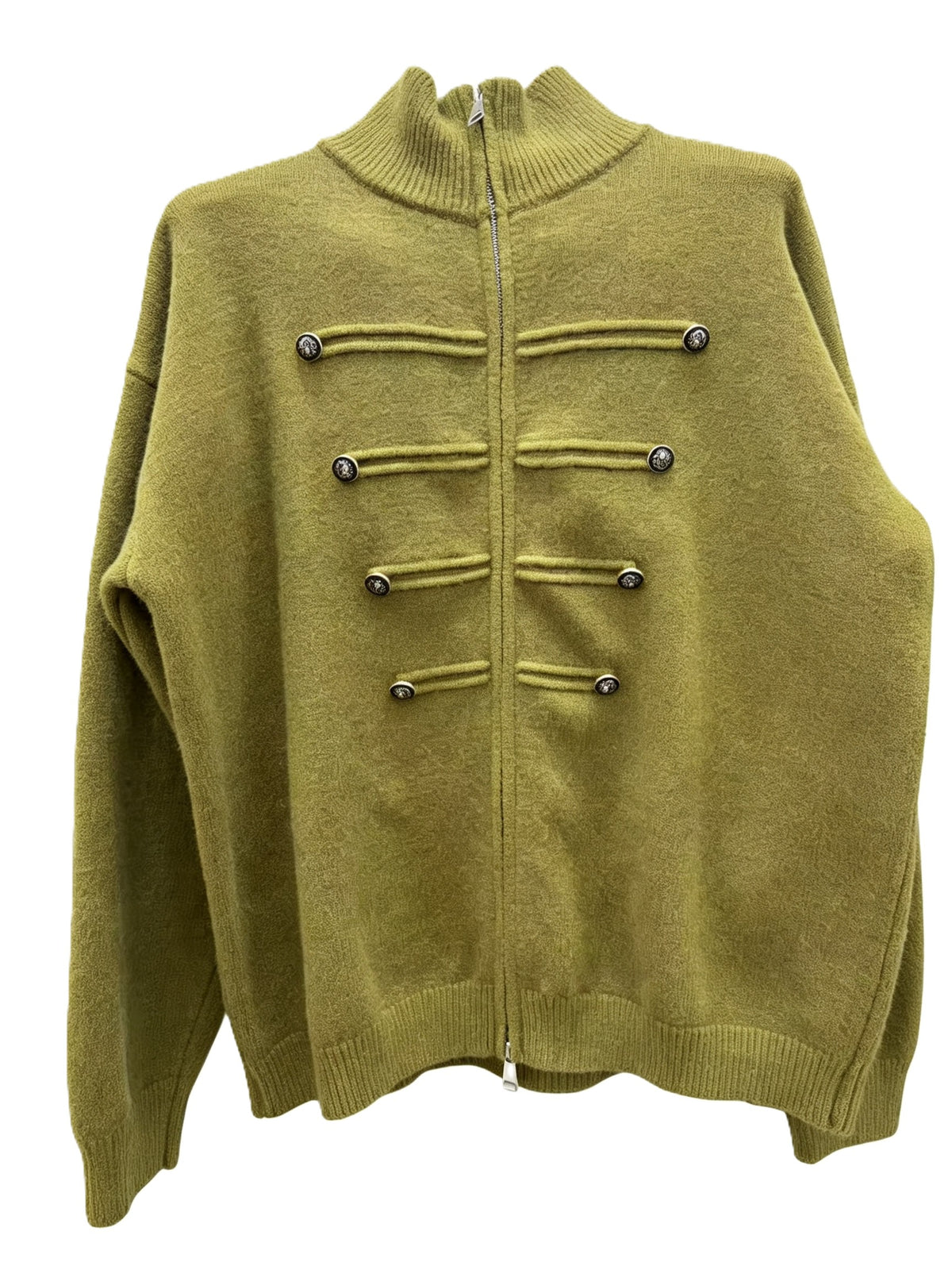 Military Braid Zip Front Knit Cardigan - Olive