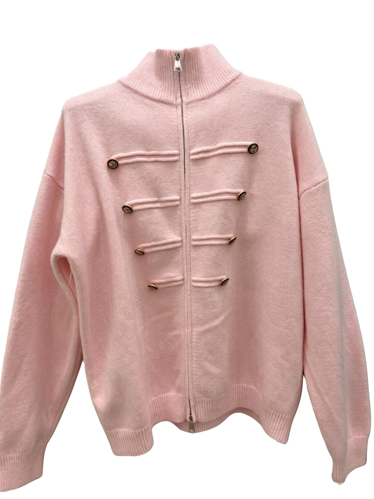 Military Braid Zip Front Knit Cardigan - Pink