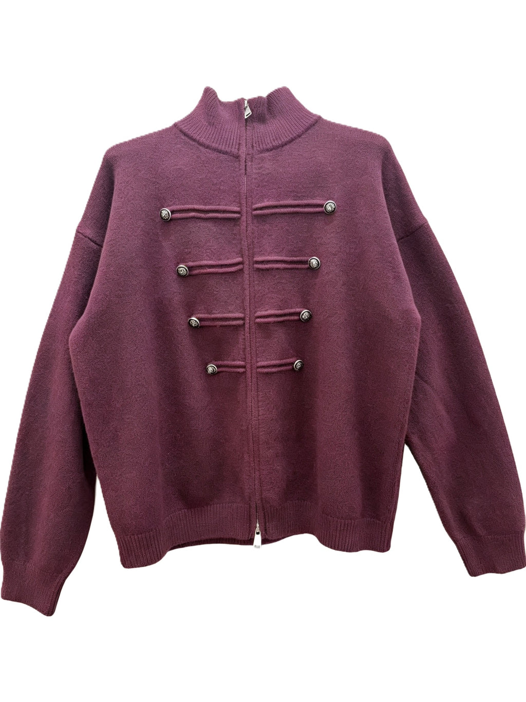 Military Braid Zip Front Knit Cardigan - Purple