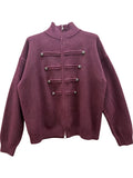 Military Braid Zip Front Knit Cardigan - Purple