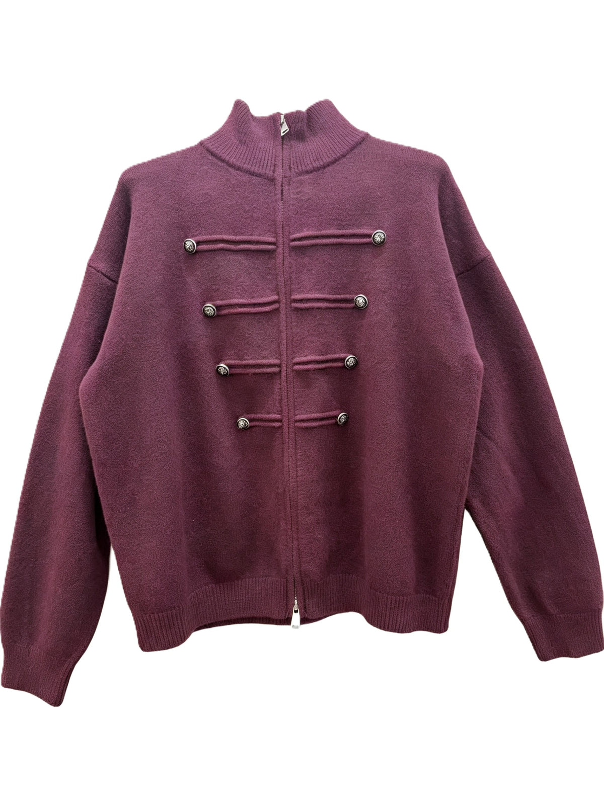 Military Braid Zip Front Knit Cardigan - Purple