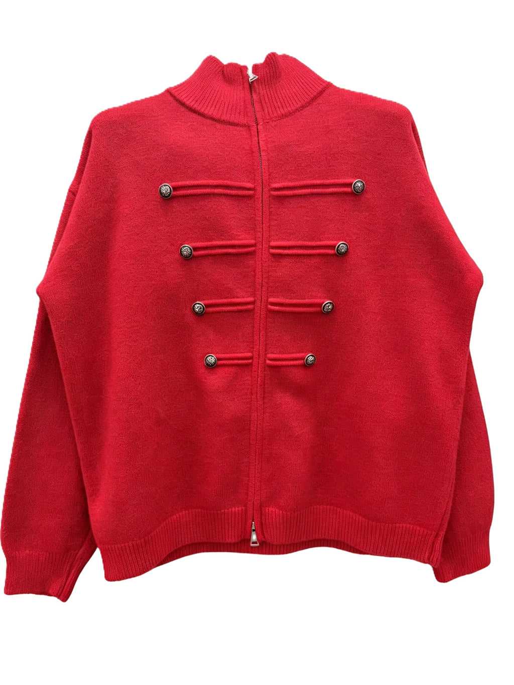 Military Braid Zip Front Knit Cardigan - Red