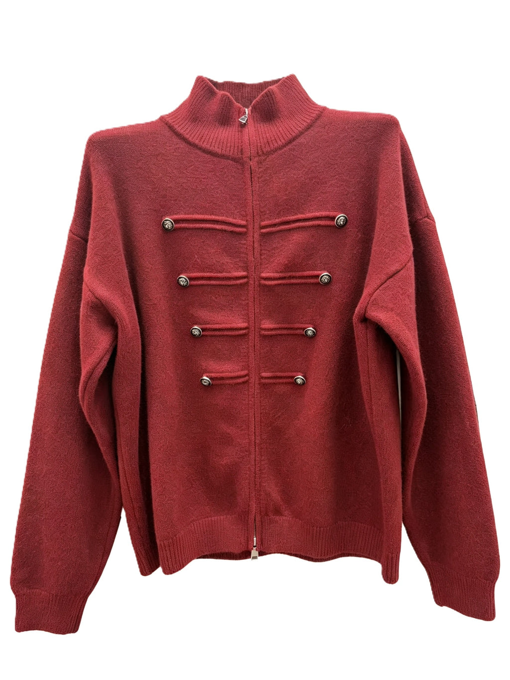 Military Braid Zip Front Knit Cardigan - WineRed