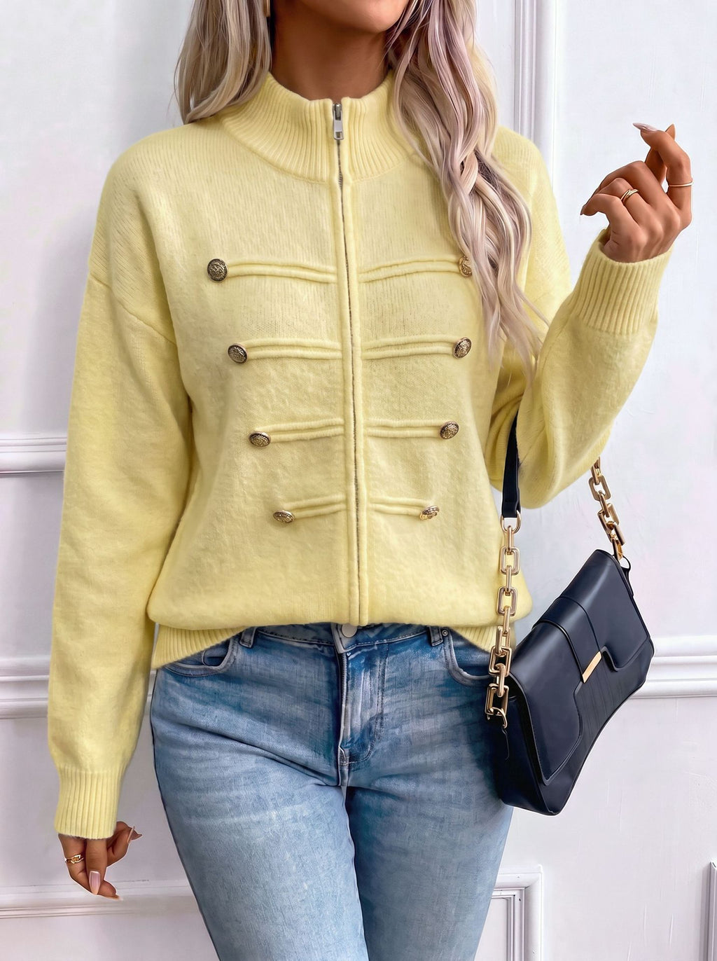 Military Braid Zip Front Knit Cardigan - Yellow
