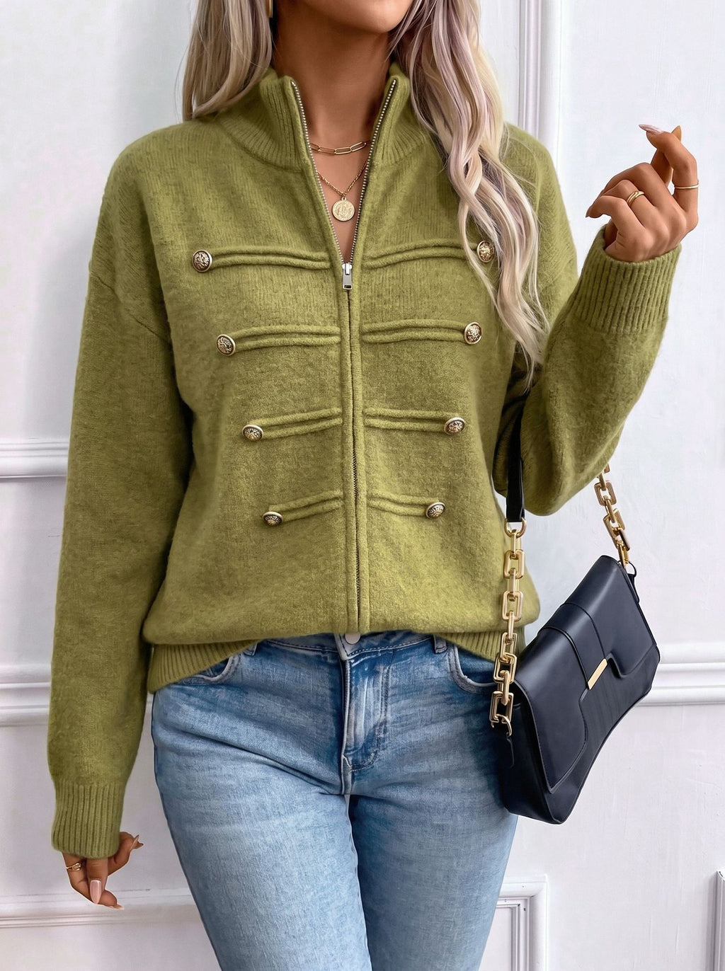Military Braid Zip Front Knit Cardigan