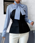 Striped Shirt With Corset Panel And Bow - Blue