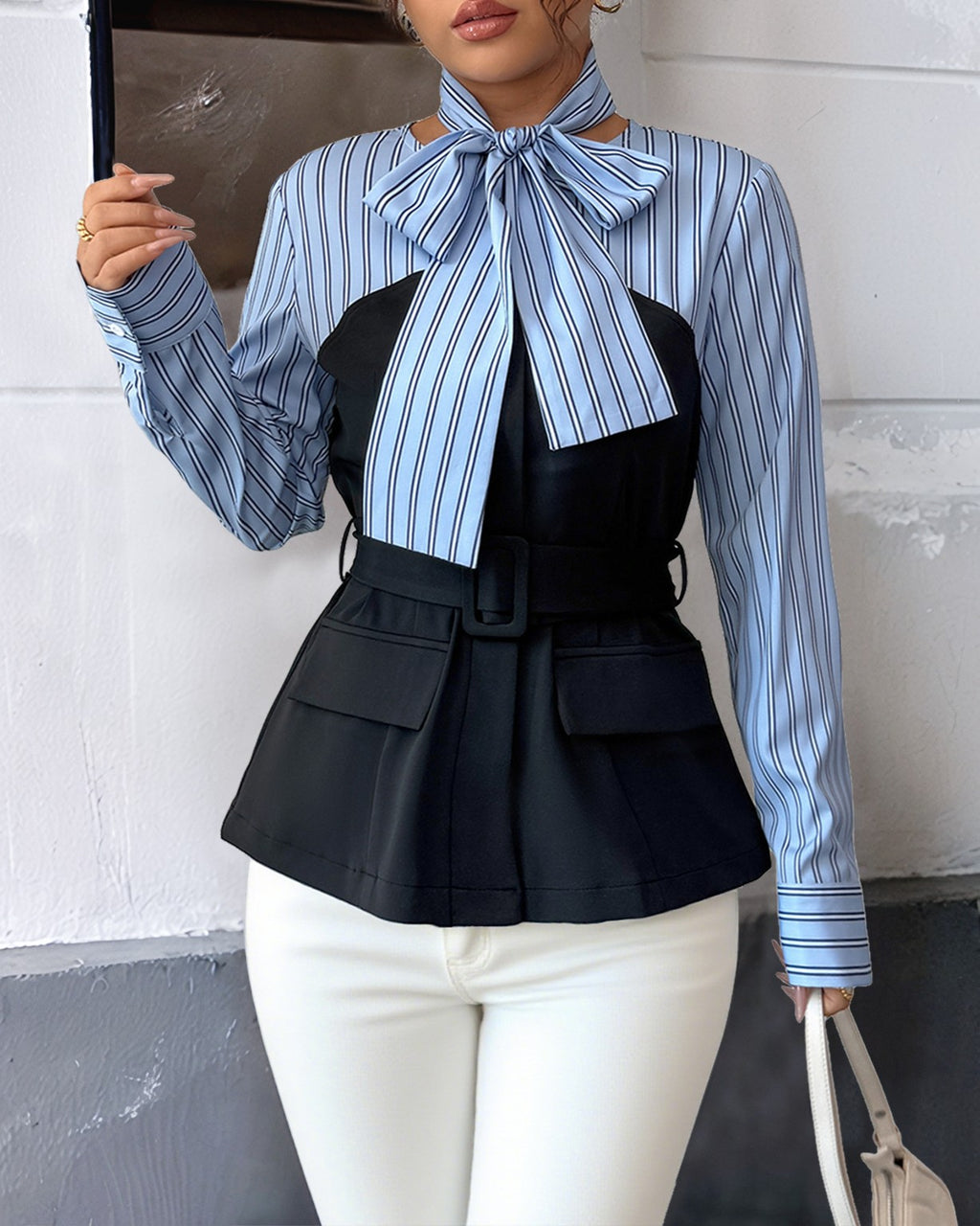 Striped Shirt With Corset Panel And Bow - Blue - 1