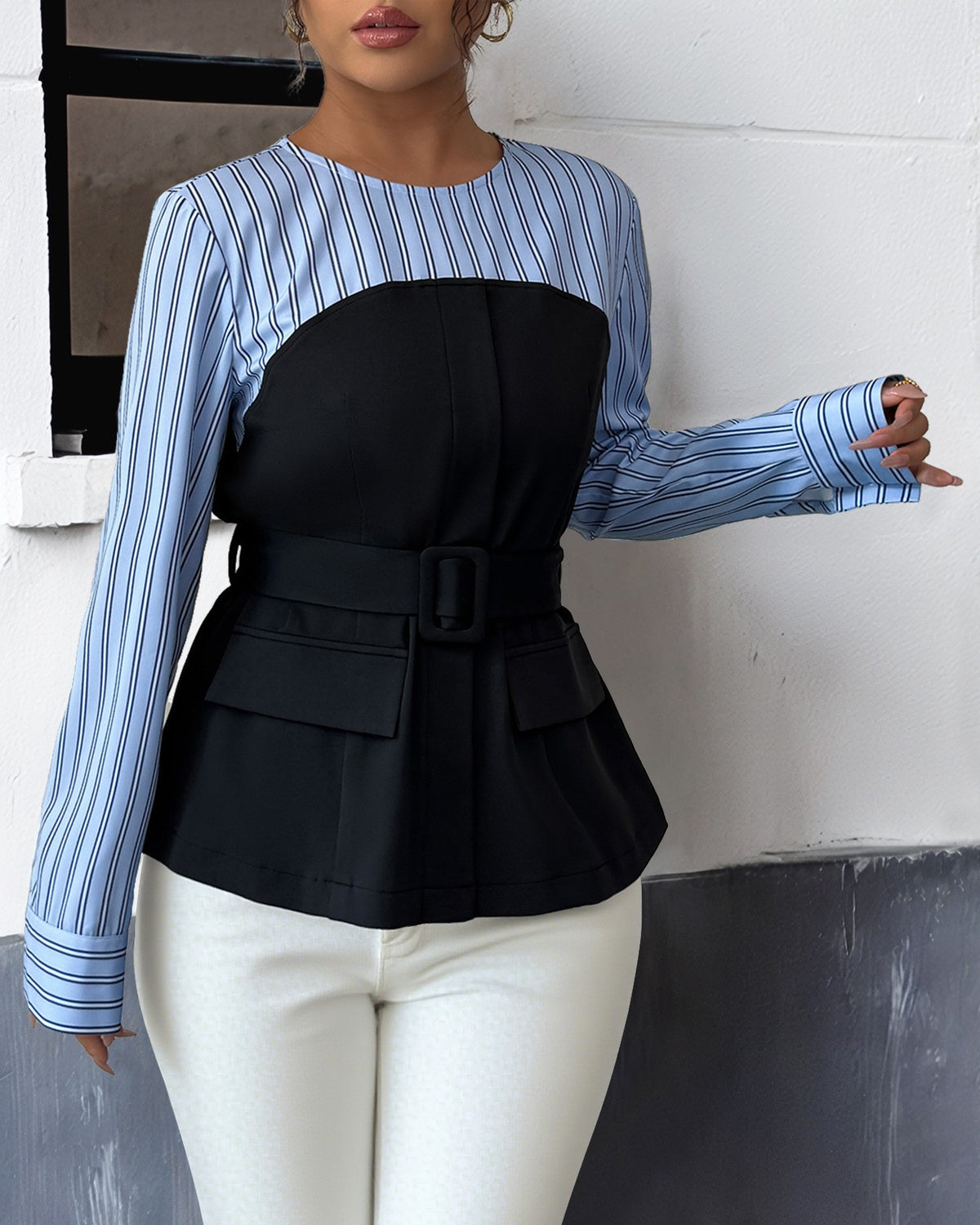 Striped Shirt With Corset Panel And Bow - Blue - 2
