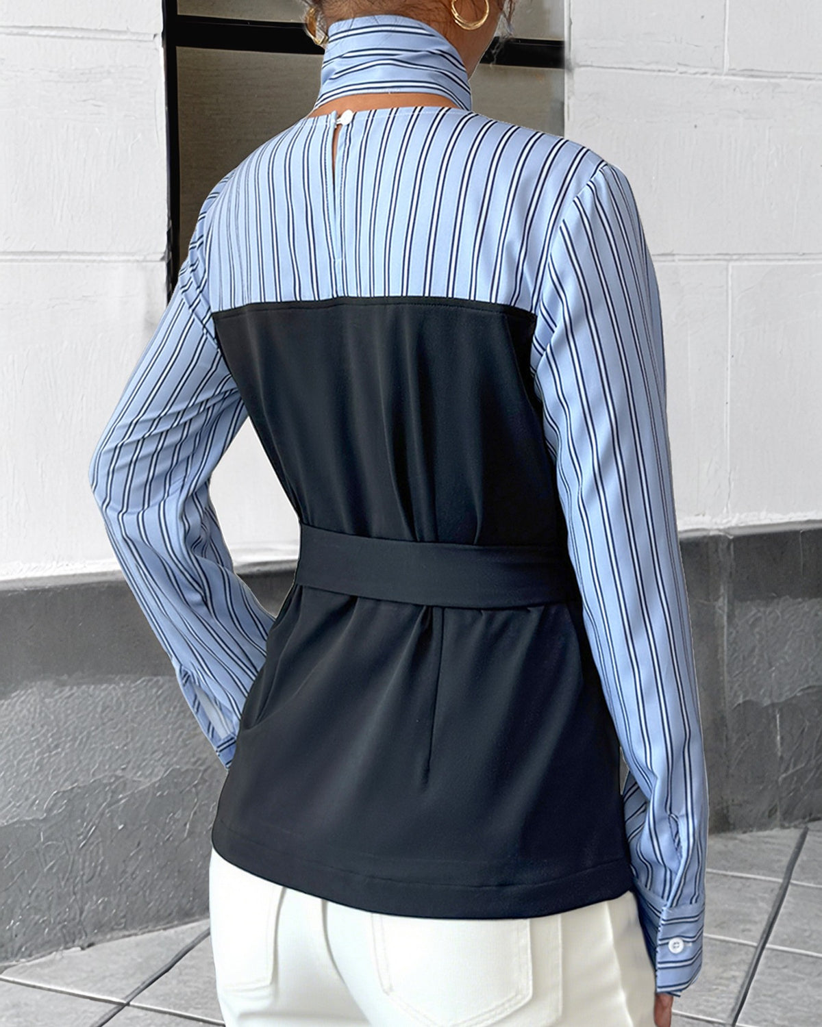 Striped Shirt With Corset Panel And Bow - Blue - 3