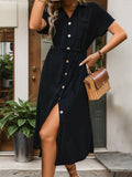 Button Front Midi Shirt Dress With Pockets - Black