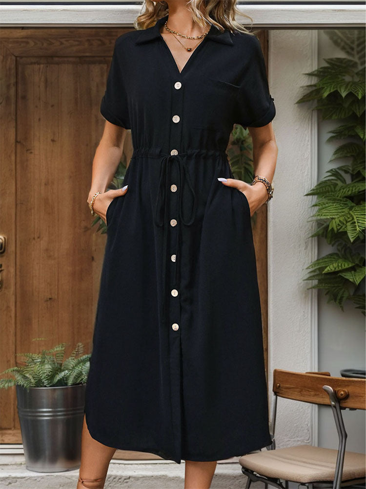 Button Front Midi Shirt Dress With Pockets - Black - 1