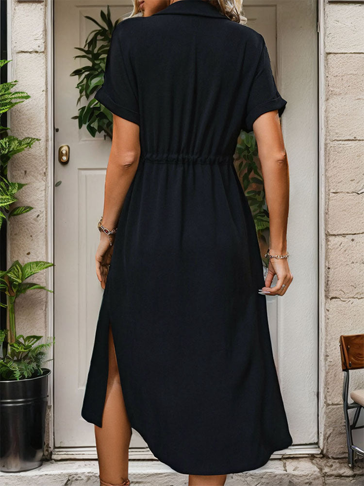Button Front Midi Shirt Dress With Pockets - Black - 2
