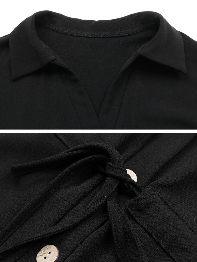Button Front Midi Shirt Dress With Pockets - Black - 4