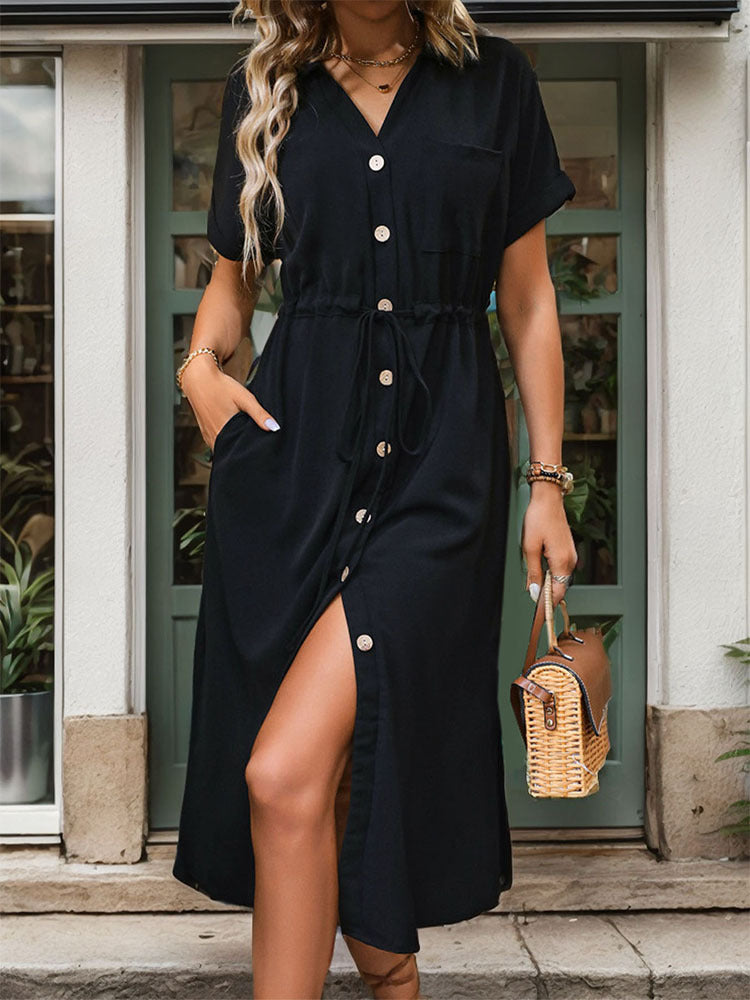 Button Front Midi Shirt Dress With Pockets