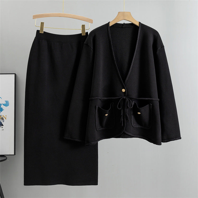 Patch Pocket Knit Cardigan And Pencil Skirt Set - Black