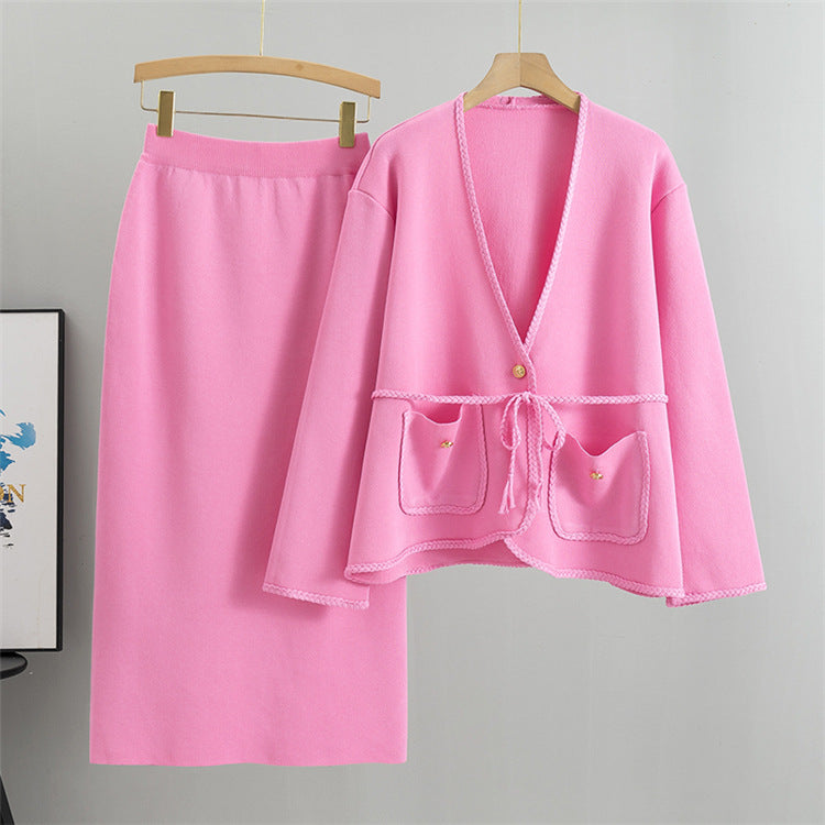 Patch Pocket Knit Cardigan And Pencil Skirt Set - Pink