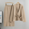 Patch Pocket Knit Cardigan And Pencil Skirt Set - Tan