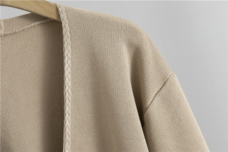 Patch Pocket Knit Cardigan And Pencil Skirt Set - Tan - 2