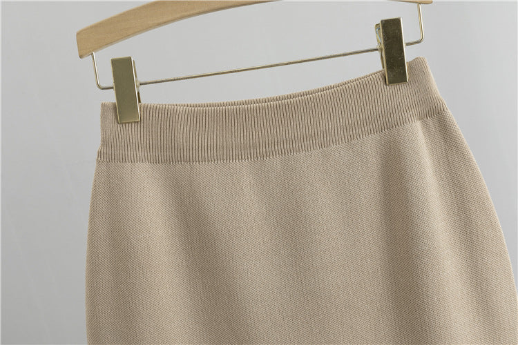 Patch Pocket Knit Cardigan And Pencil Skirt Set - Tan - 3